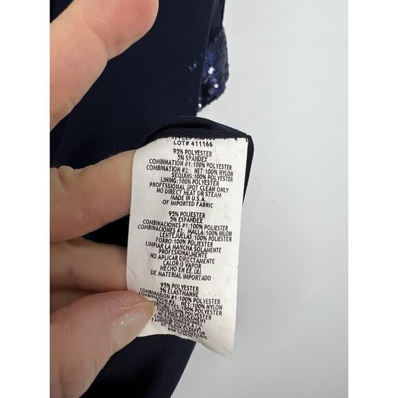 Xscape Capelet Mini Dress Navy Blue Sequin Trim Sheath Sheer Cape Sz 10 - Picture 9 of 12